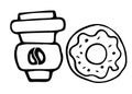 Hot coffee in a mug and a donut, coffee icon in hand drawn, doodle, sketch style isolated in white background for invitations Royalty Free Stock Photo